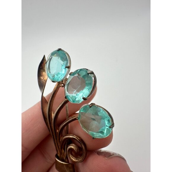 Jay Kel rose gold vermeil sterling silver aqua blue glass rhinestones brooch pin - Picture 6 of 11
